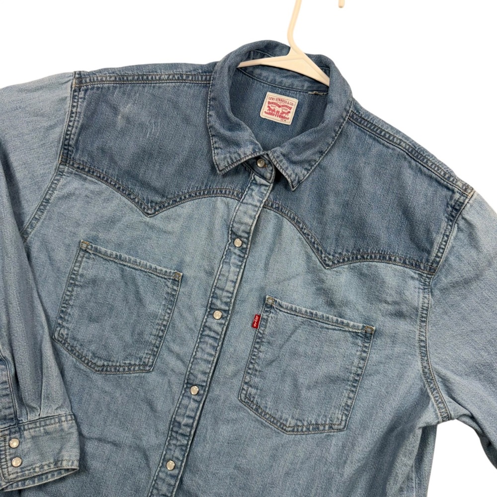 Levi's Denim Western Shirt Womens XL Blue Pearl Snap Two Tone Long Sleeve